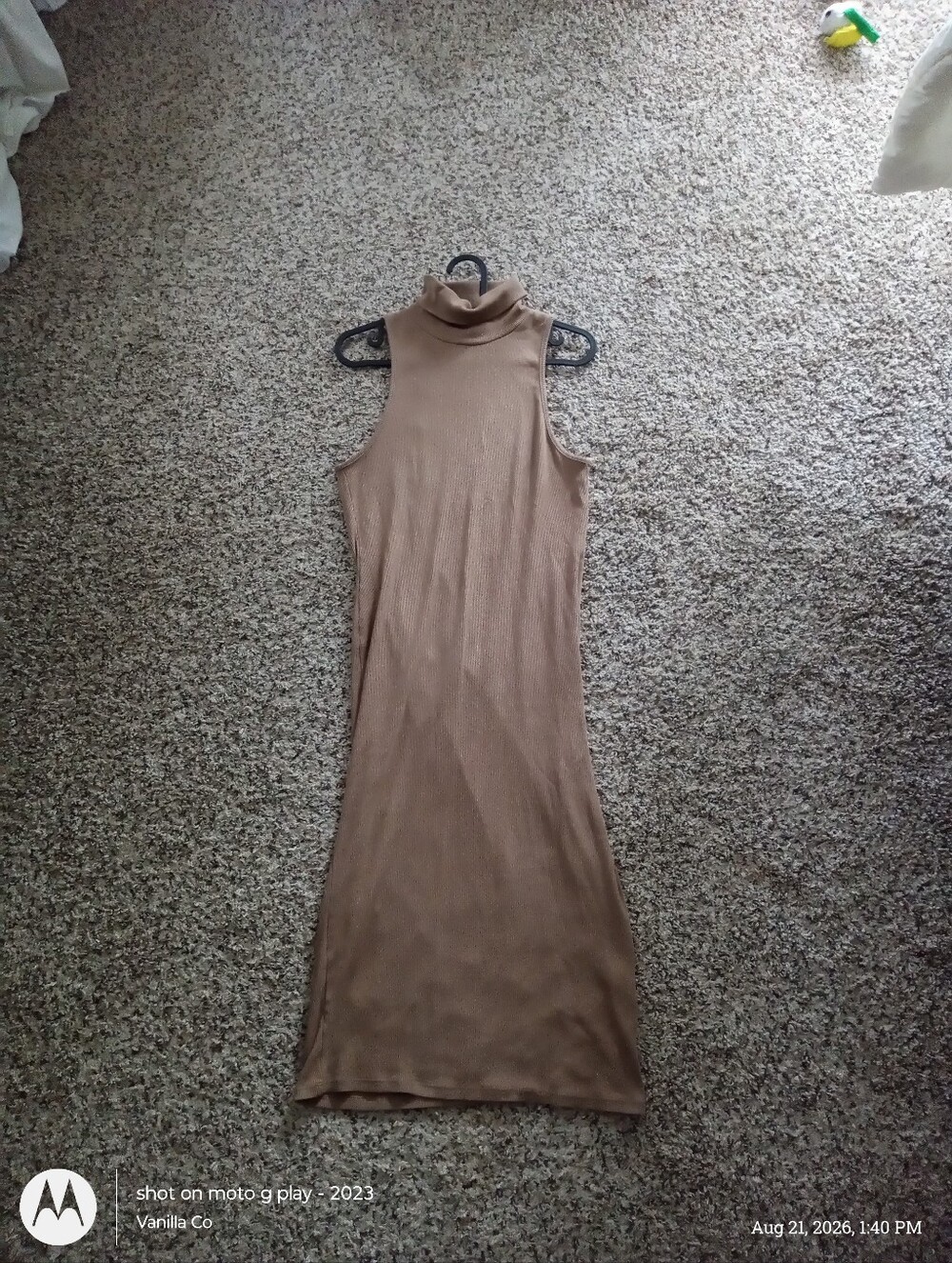 Zara Mock Neck Ribbed Midi Dress Tan Small - Picture 2 of 12